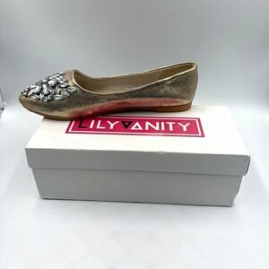 Lily Vanity Womens Gold Faux Leather Rhinestone Pointed Toe Ballet Flats 9.5